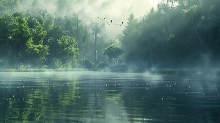 A serene lake surrounded by dense forest, with mist rising from the water's surface and birds chirping in the distance, creating a sense of calm and tranquility.