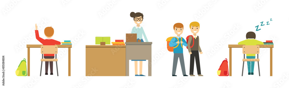 Poster kid pupils at school have lesson and class vector set