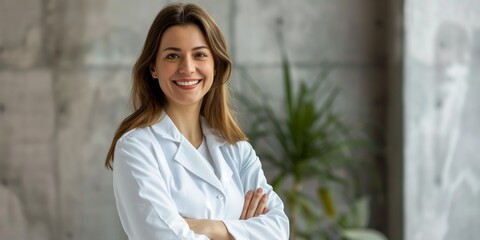 Female doctor in white coat with a confident, approachable expression and arms crossed