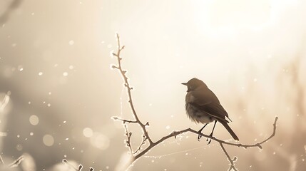 A single bird, bathed in soft light against a white backdrop, emanates a sense of peace and...