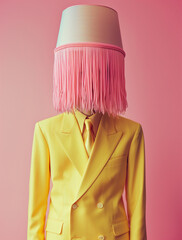 Fun abstract creativity scene with a man in an elegant yellow suit with a pink lamp instead head.
