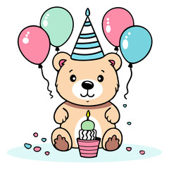 A cute teddy bear wearing a party hat, holding balloons , sitting next to a birthday cake with candles