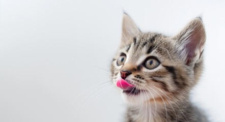Close-up of a tabby kitten licking lips, isolated on light background. Cute pet and animal expression concept for cat food packaging. Design for poster, banner with copy space.