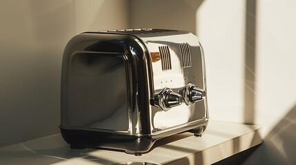 A sleek stainless steel toaster gleaming on a white surface, ready to toast the perfect slice.