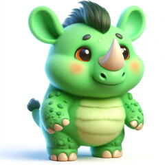 Cute furry green rhino 3D character on white background