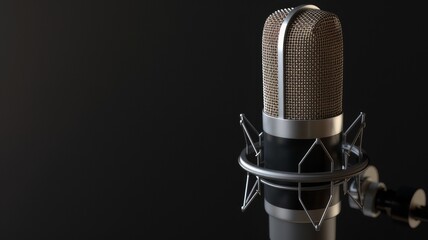 Microphone in a recording studio, podcast or radio on a black background.