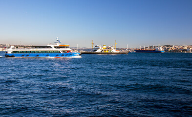 Istanbul Marmara Sea Uskudar Bosporus coastscape and floating ships on the sea