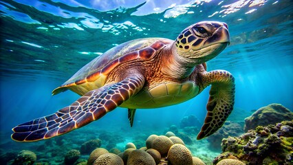 a sea turtle swimming over coral reefs, World Turtle Day, Background, Banner - Powered by Adobe