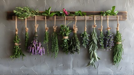 A rustic herb drying rack with various dried herbs and spices hanging to naturally cure and preserve