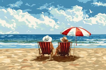 An illustration of a couple enjoying a relaxing day at the beach on Labor Day weekend. - Powered by Adobe