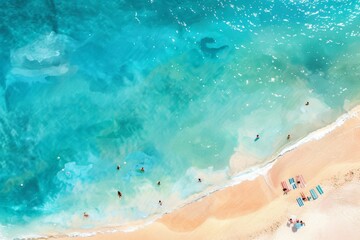 Experience the vibrant beach life from above, with crystal-clear waters and diverse activities.