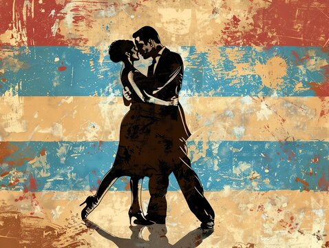 An artwork of a tango dance in Buenos Aires with the Argentinian flag as the background