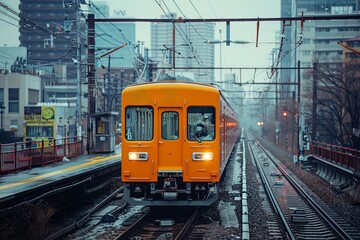 Obraz premium Orange Train Approaches Station in Urban Setting