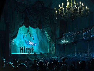 An artwork of an opera performance in Sydney with the Australian flag illuminating the stage