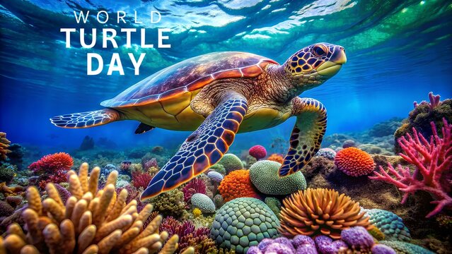 a green sea turtle swimming in the ocean with text 'World Turtle Day', Background