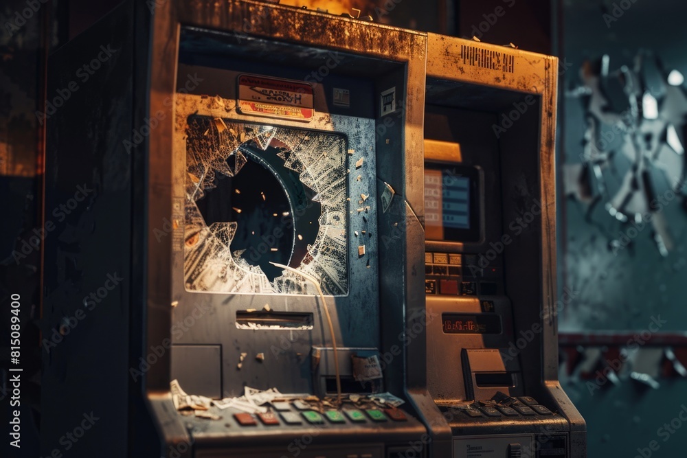 Aufkleber a broken atm machine with a bullet hole. ideal for illustrating vandalism or crime scenes
