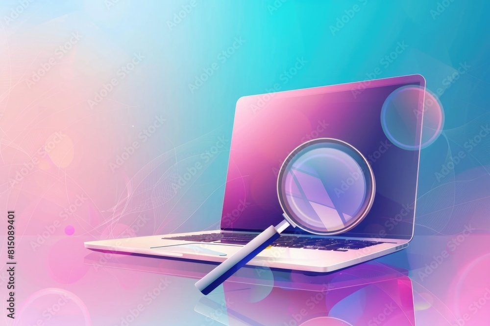 Poster a modern laptop with a magnifying glass on top. ideal for business and technology concepts