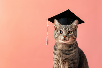Portrait tabby domestic cat wearing black graduation cap on pink background with copy space. Graduation ceremony, university, college, school, education.