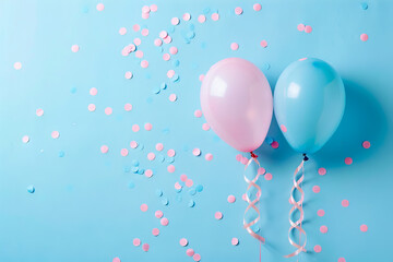 Two balloons are on a blue background with confetti.