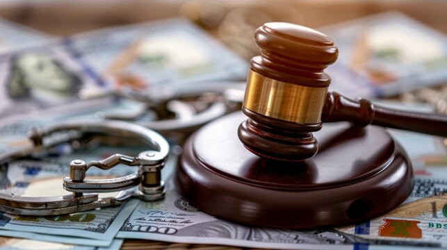 Wooden gavel with handcuffs and banknotes depicting legal action on financial offenses
