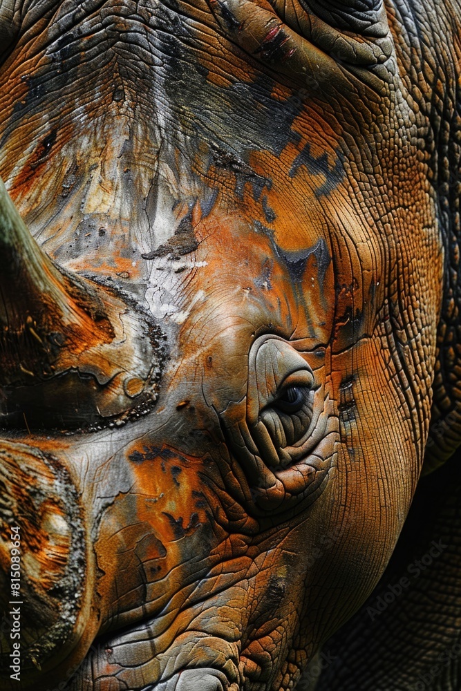 Poster Close up of a rhino's face with a tree in the background. Suitable for wildlife or nature concepts