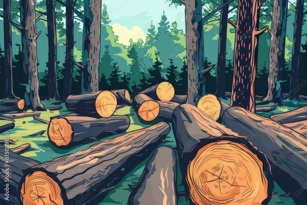 Poster a bunch of logs in the middle of a forest. can be used for nature or forestry concepts