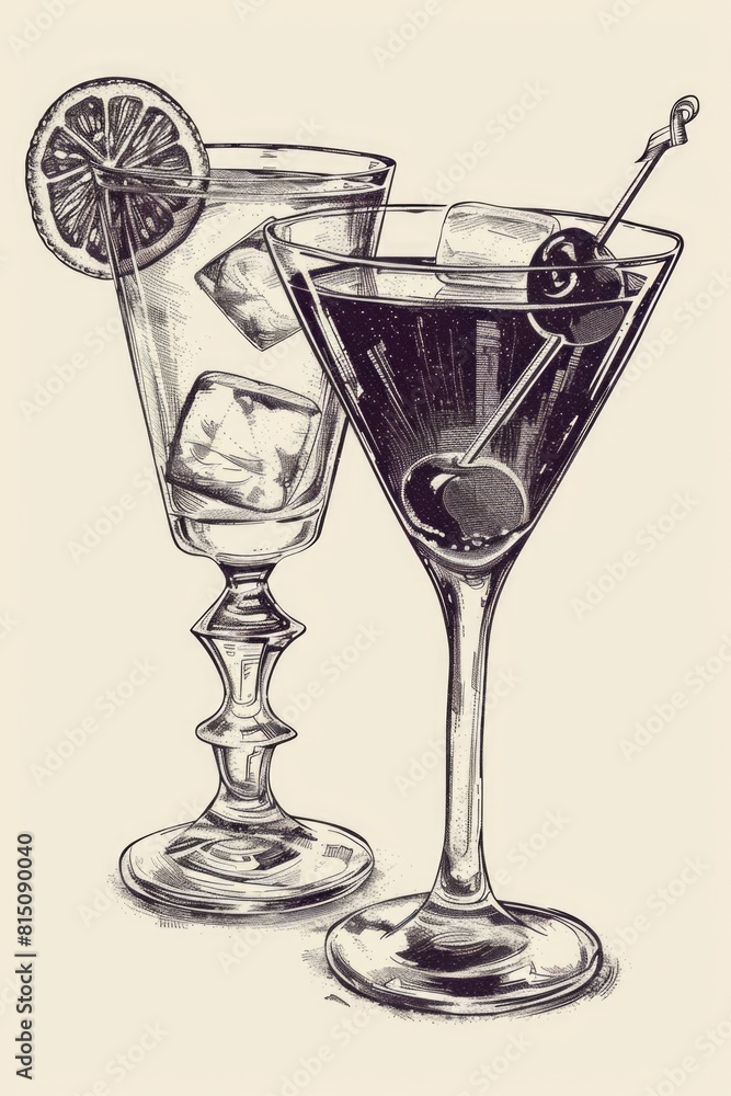 Poster two cocktail glasses with ice cubes and a slice of lemon. perfect for beverage concepts