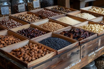 Assortment of Diverse Nuts,Grains and Dried Foods in Wooden Containers at a Gourmet Market