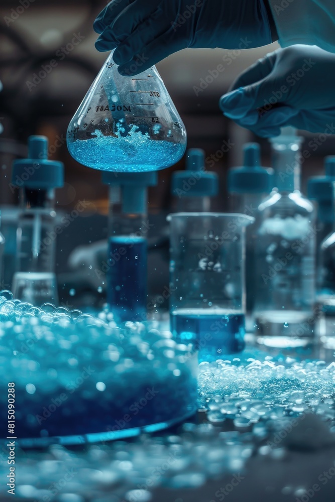 Poster a person holding a flask filled with blue liquid. great for science or laboratory concepts