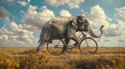 Fototapeta premium Elephant riding a bicycle in a field, suitable for various creative projects