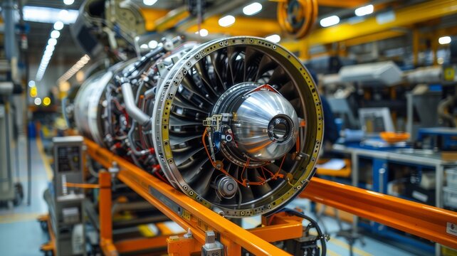 At the production site you can see a powerful aircraft engine, standing out for its massiveness and manufacturability. Every part of the engine is filled with energy and potential.