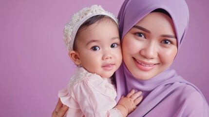 beauty malay women with little daugther, soft purple background