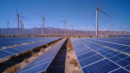Stretching fields dotted with solar panels and numerous wind turbines create an impressive display of renewable energy.
