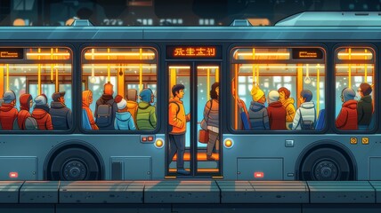 A cartoon vector illustration depicts various people on public transport. The concept of using public transport. There is an atmosphere of commutation and movement around.