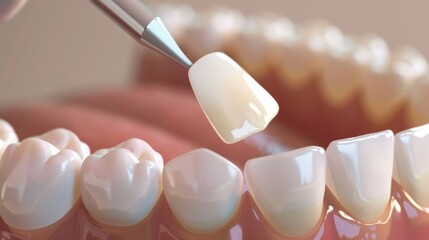 Dental technician applying a porcelain crown to a tooth in a modern dental clinic setting during a routine dental procedure