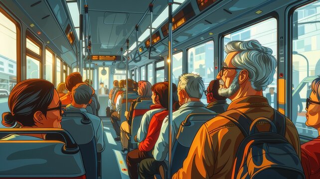 A cartoon vector illustration depicts various people on public transport. The concept of using public transport. There is an atmosphere of commutation and movement around.