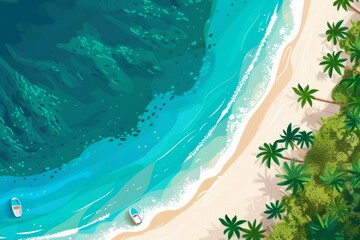 Experience the beauty of a stunning summer beach with crystal-clear blue waters and pristine white sandy shores in this captivating aerial view illustration.