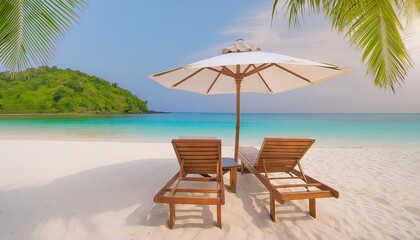 white sandy beach with wooden sunbeds under an umbrella