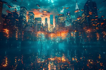 Bioluminescent Underwater Cityscape with Glowing Skyscrapers and Sea Creatures
