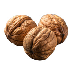 Three Fresh Brown Walnuts in Close-Up Against a Transparent Background