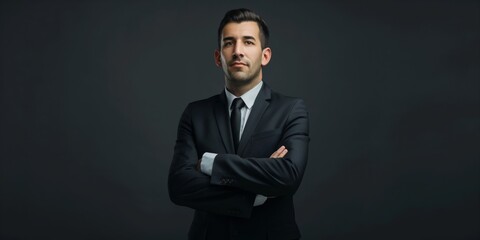 Obraz premium A self-assured male professional stands with arms folded in a powerful, dark suit against a dark background