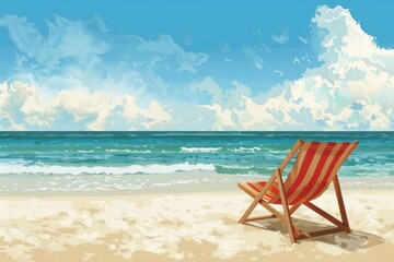 A serene beach chair on white sand under a clear blue sky, perfect for a summer beach getaway.