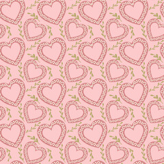 Vintage seamless pattern with flat decorated hearts in folk fantasy style. Vector illustration in boho style and muted colors for wedding. Botanical print design for textile