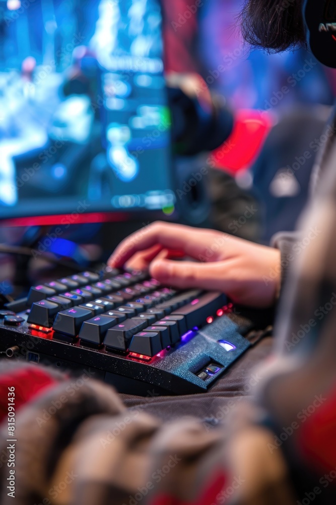 Poster Close up of a person typing on a keyboard. Suitable for technology concepts