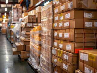 Fototapeta premium A warehouse full of neatly stacked boxes, labeled and ready to be shipped.