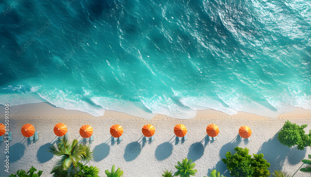 Poster aerial view of beach with orange umbrellas. generative by ai