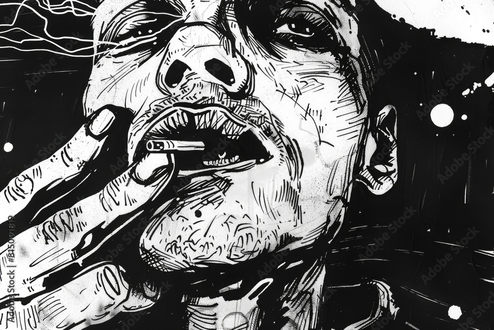 Poster a black and white drawing of a man smoking a cigarette. suitable for various design projects