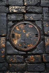 Manhole Cover Mounted on Brick Wall