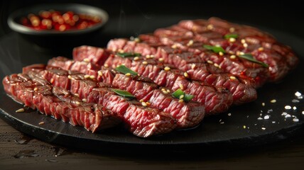 Beef steak cut into even slices on a dark background