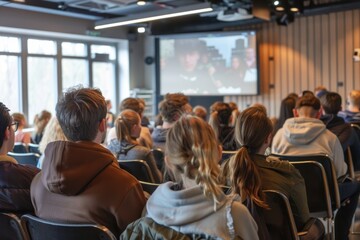 Obraz premium Group of people sitting and watching a presentation. Suitable for business and education concepts